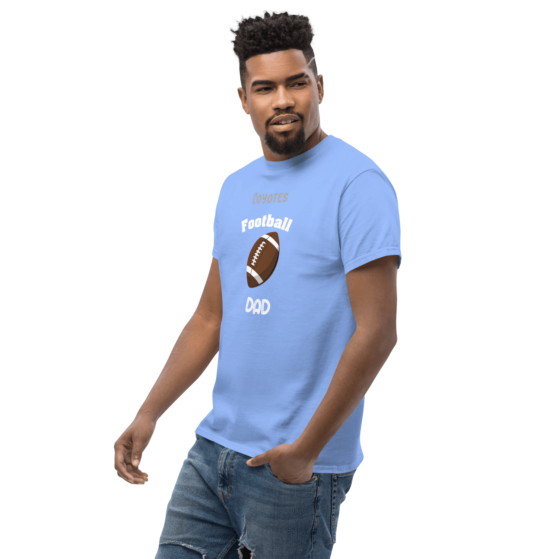 Personalized football supporter tee for dads, featuring a Coyote design on a blue shirt.
