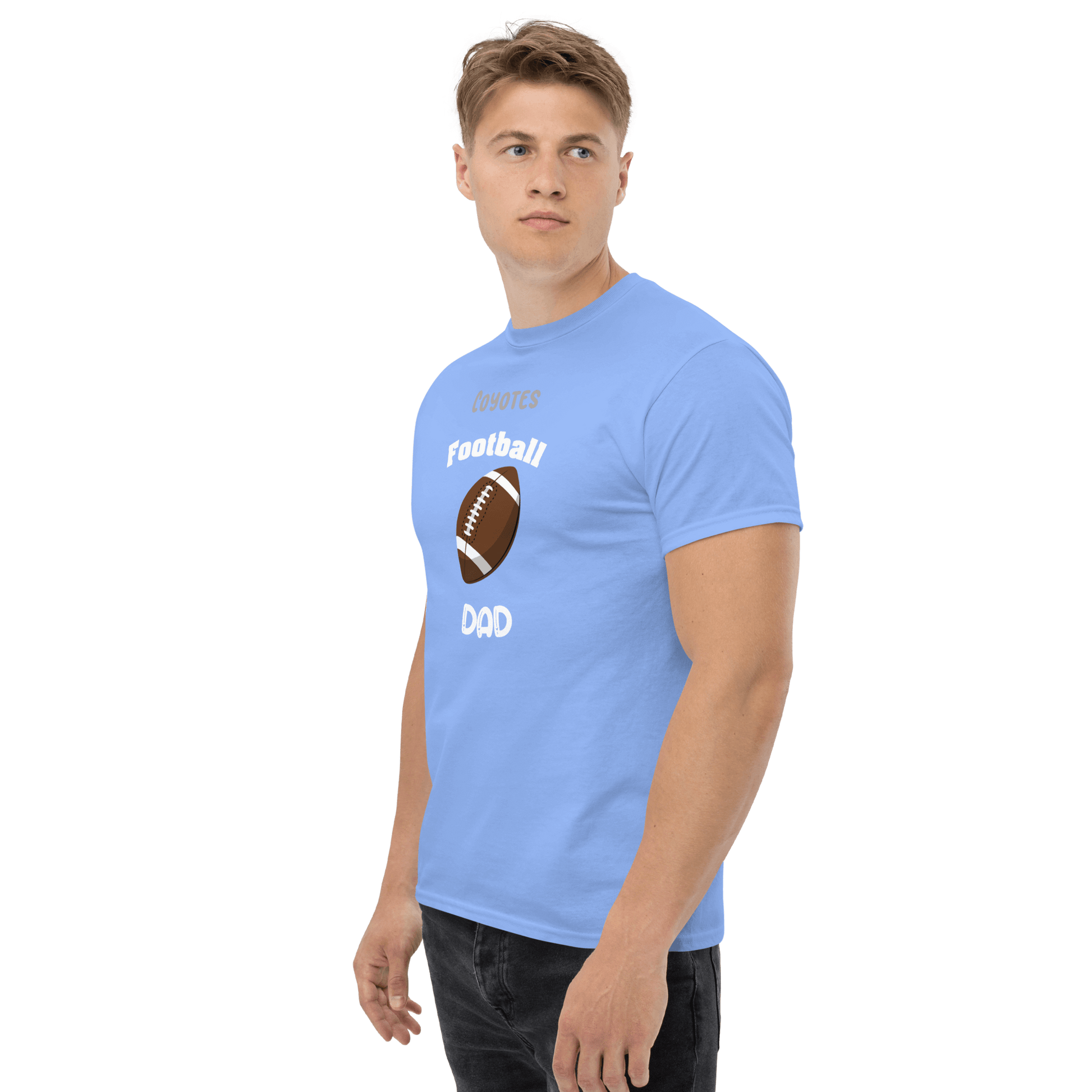 Personalized blue football dad tee with team logo, perfect for proud supporters on game day.