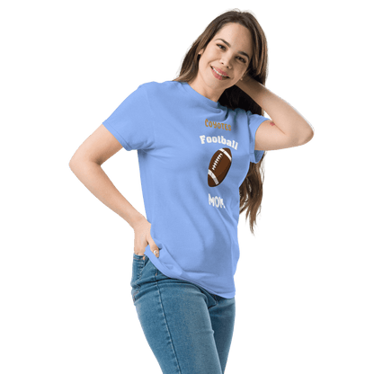 Personalized blue football mom tee with Coyote design, perfect for game day and everyday wear.