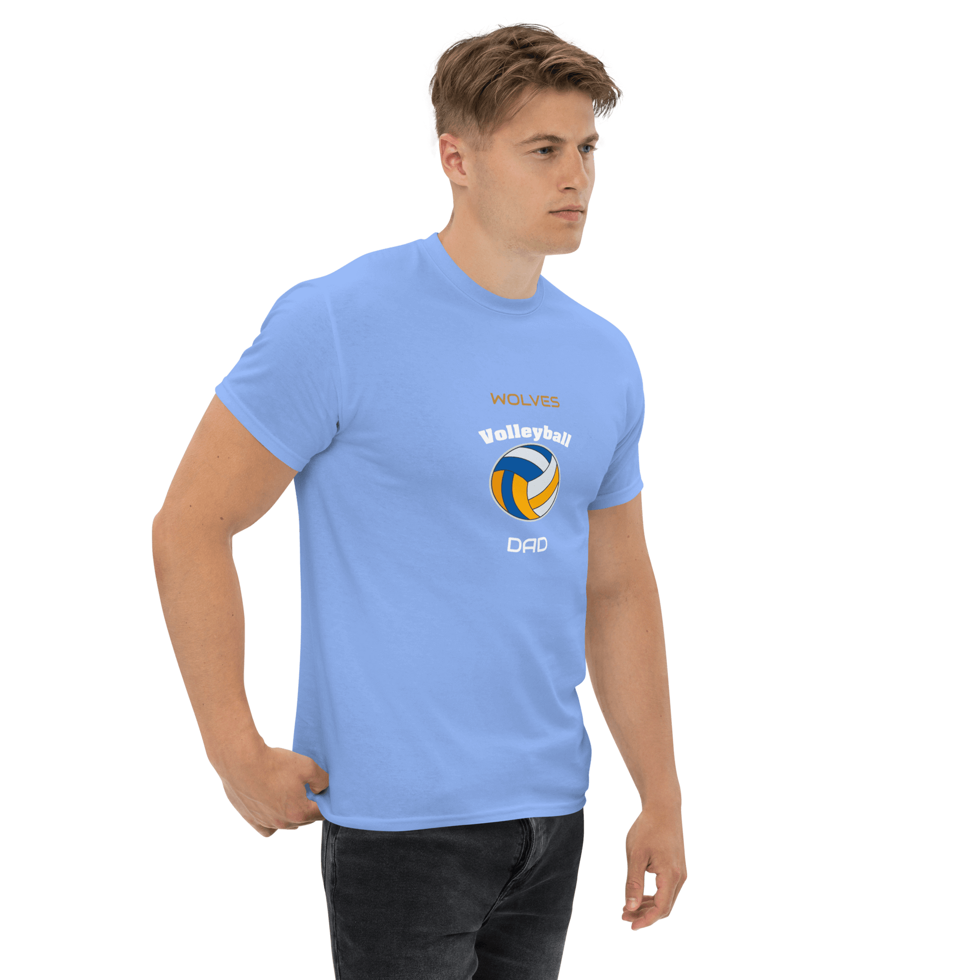 Custom volleyball dad tee in light blue, featuring team logo and text for game day support.