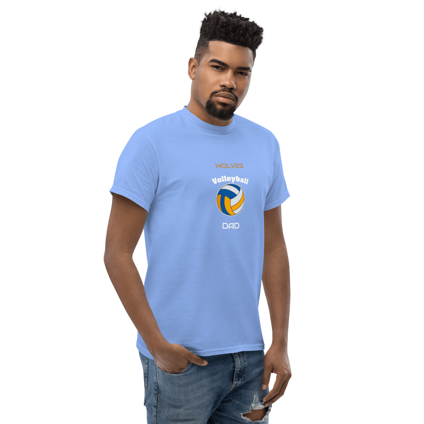 Custom blue volleyball dad tee featuring Wolves logo and volleyball graphic, perfect for game day support.