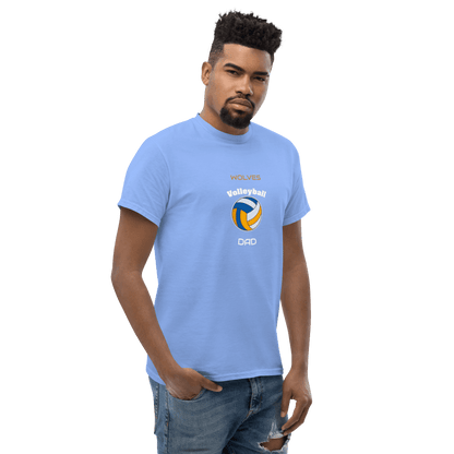 Custom blue volleyball dad tee featuring Wolves logo and volleyball graphic, perfect for game day support.