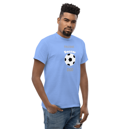 Custom soccer dad tee in light blue featuring a soccer ball and the text 'Falcons Soccer Dad'.