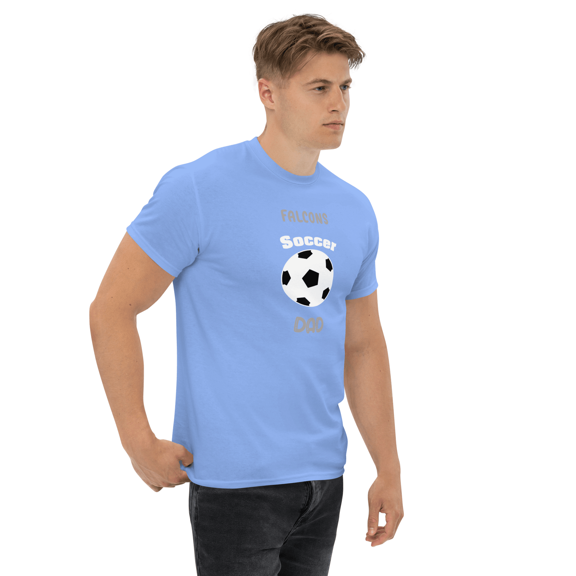 Light blue soccer dad tee with a ball graphic, perfect for proud parents and supporters of youth soccer teams.