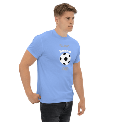 Light blue soccer dad tee with a ball graphic, perfect for proud parents and supporters of youth soccer teams.