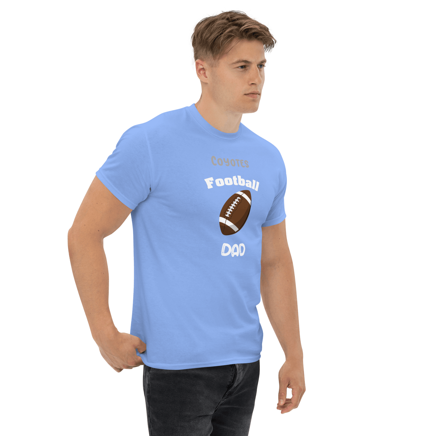 Blue personalized football dad t-shirt featuring Coyotes logo, perfect for proud supporters and game day styling.