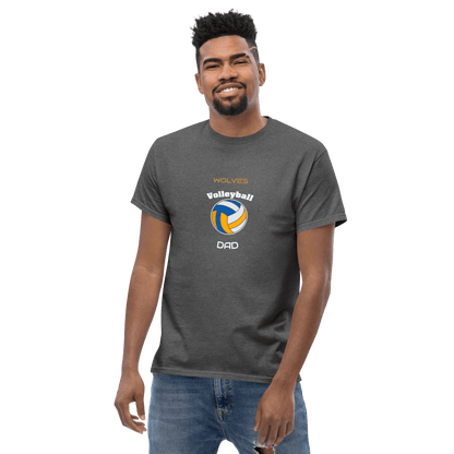 Custom gray volleyball dad tee featuring 'Wolves' text and volleyball graphic, perfect for game day support.