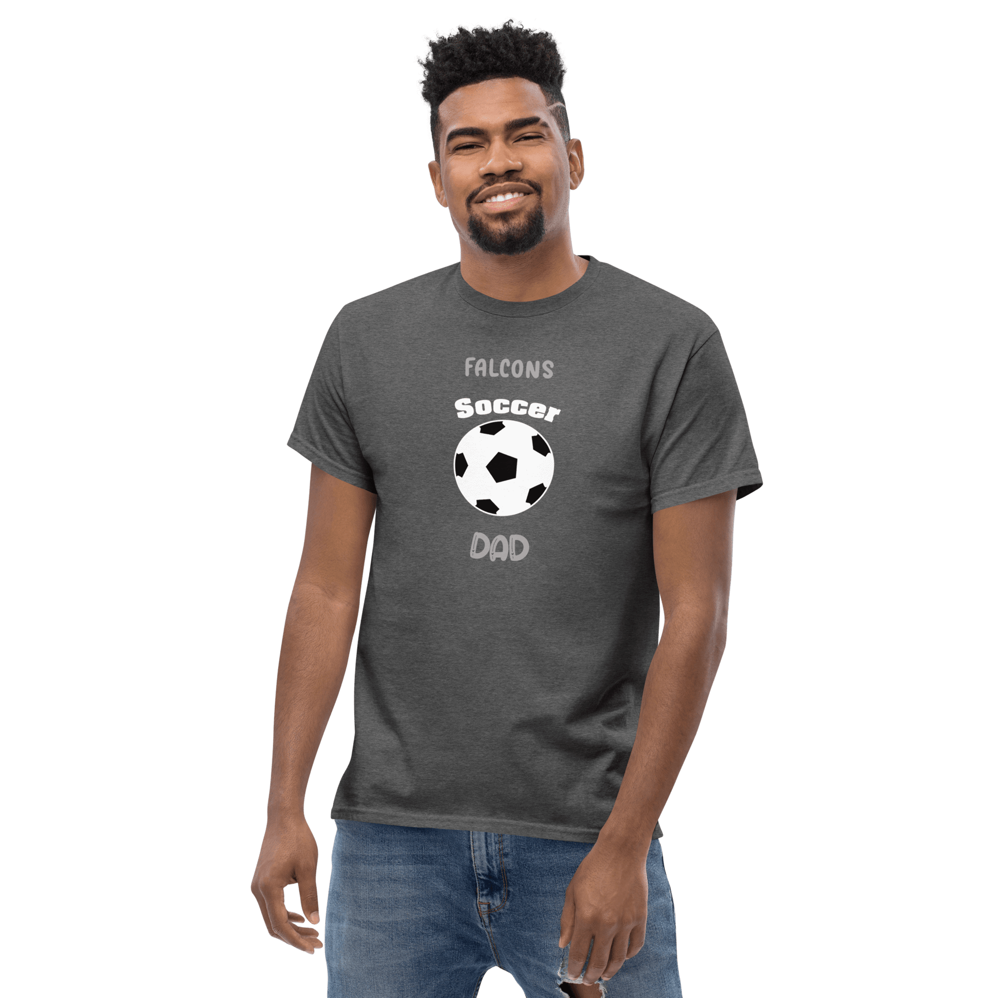 Charcoal Soccer Dad Tee with 'Falcons' and soccer ball graphic, perfect for supportive parents at youth games.