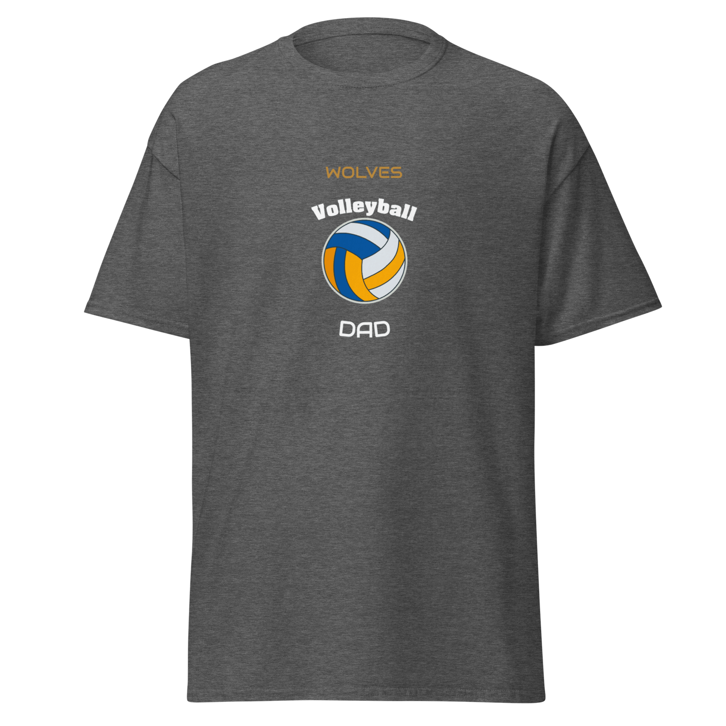 Grey custom volleyball dad tee with 'Wolves' logo and colorful volleyball graphic.