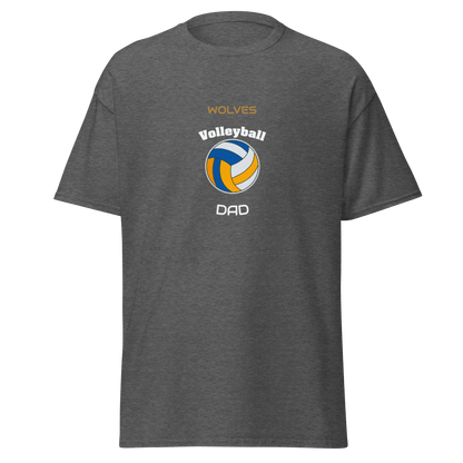 Grey custom volleyball dad tee with 'Wolves' logo and colorful volleyball graphic.