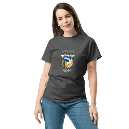 Woman wearing a dark grey 'Wolves Volleyball Mom' t-shirt, showcasing team spirit and casual style.