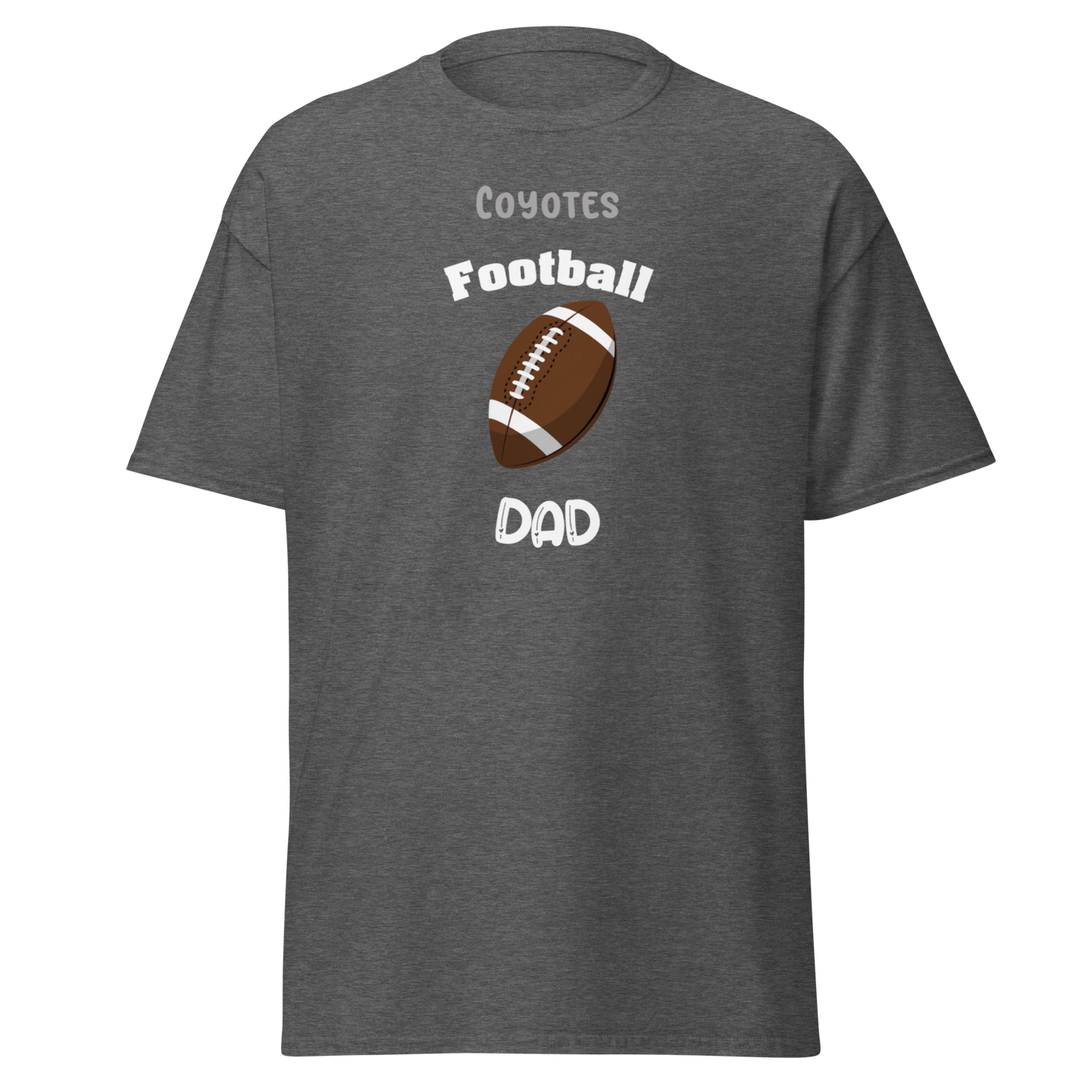 Personalized gray football dad tee with Coyotes logo for proud sports parents.