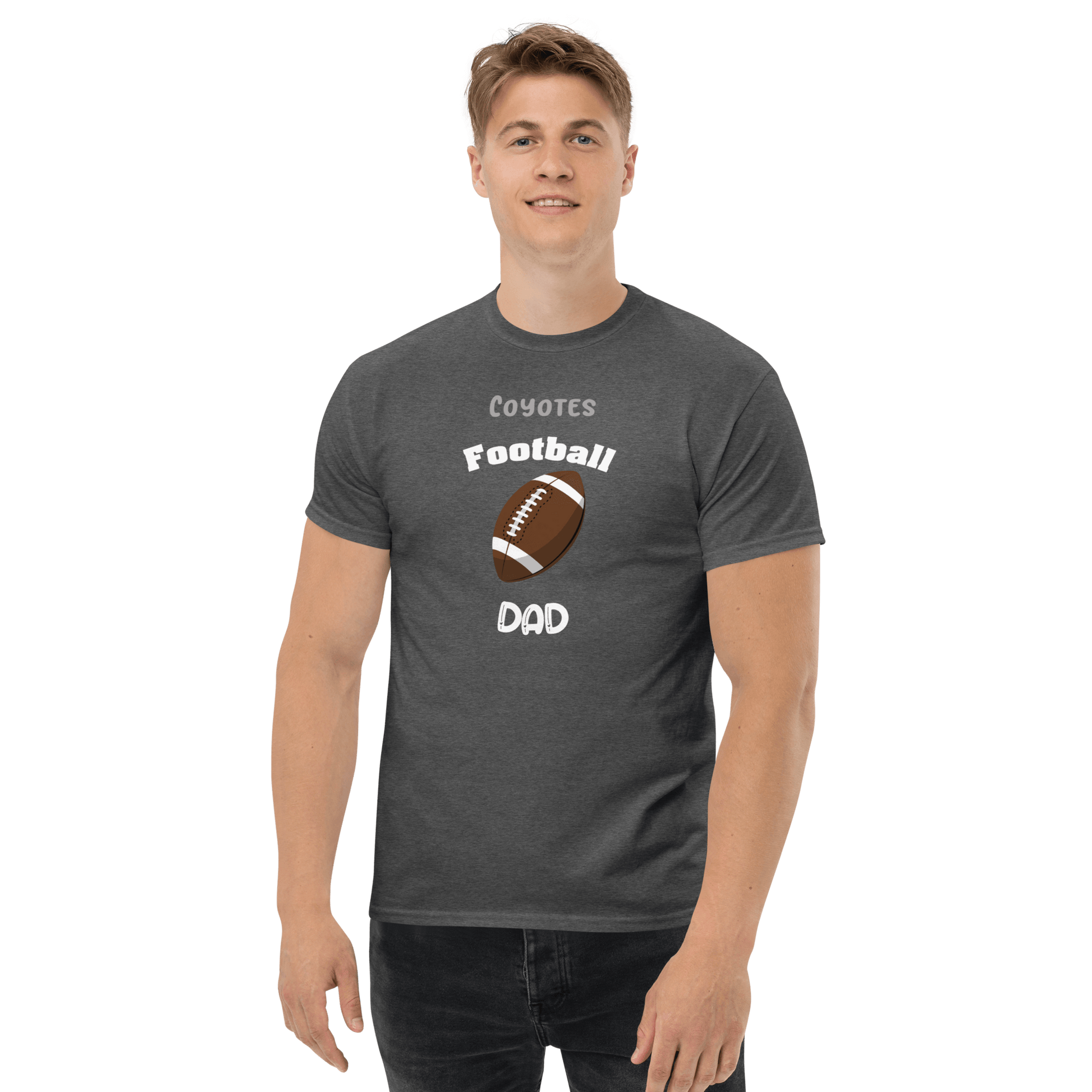Personalized football tee for dads featuring 'Coyotes Football Dad' design.