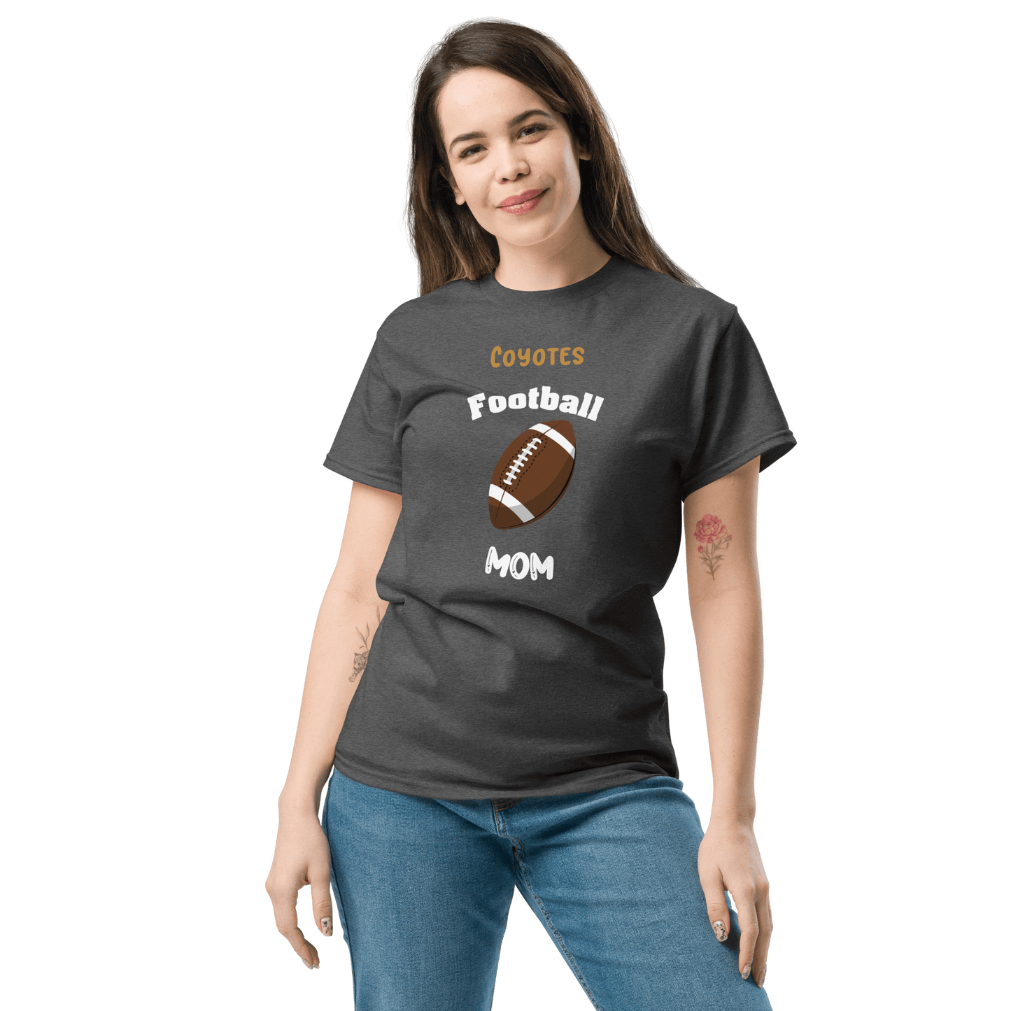 Personalized football mom tee featuring Coyotes logo, perfect for game day and showing team pride.
