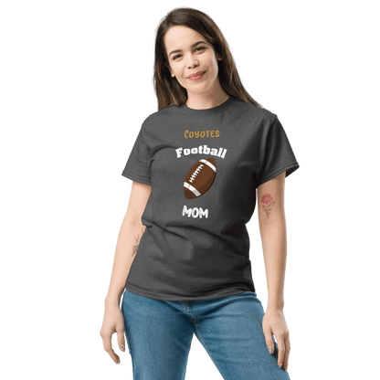 Personalized football mom tee featuring Coyotes logo, perfect for game day and showing team pride.