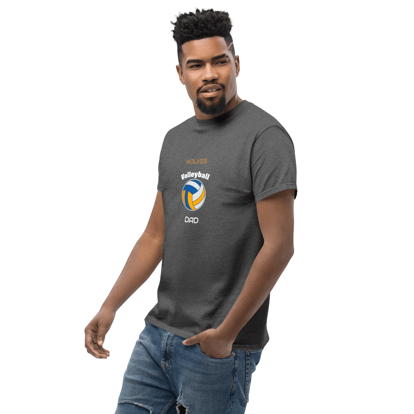 Man wearing a custom volleyball dad tee, showcasing support for the team with a stylish design.