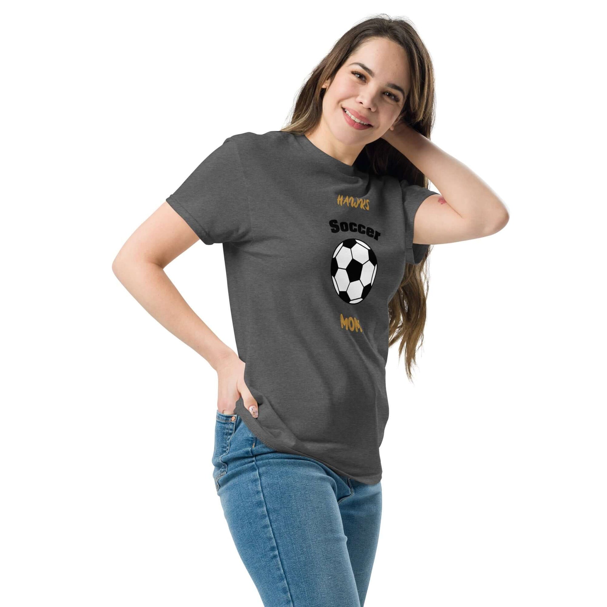 Gray Soccer Parent Tee featuring a black and white soccer ball design, perfect for proud soccer moms and game day.