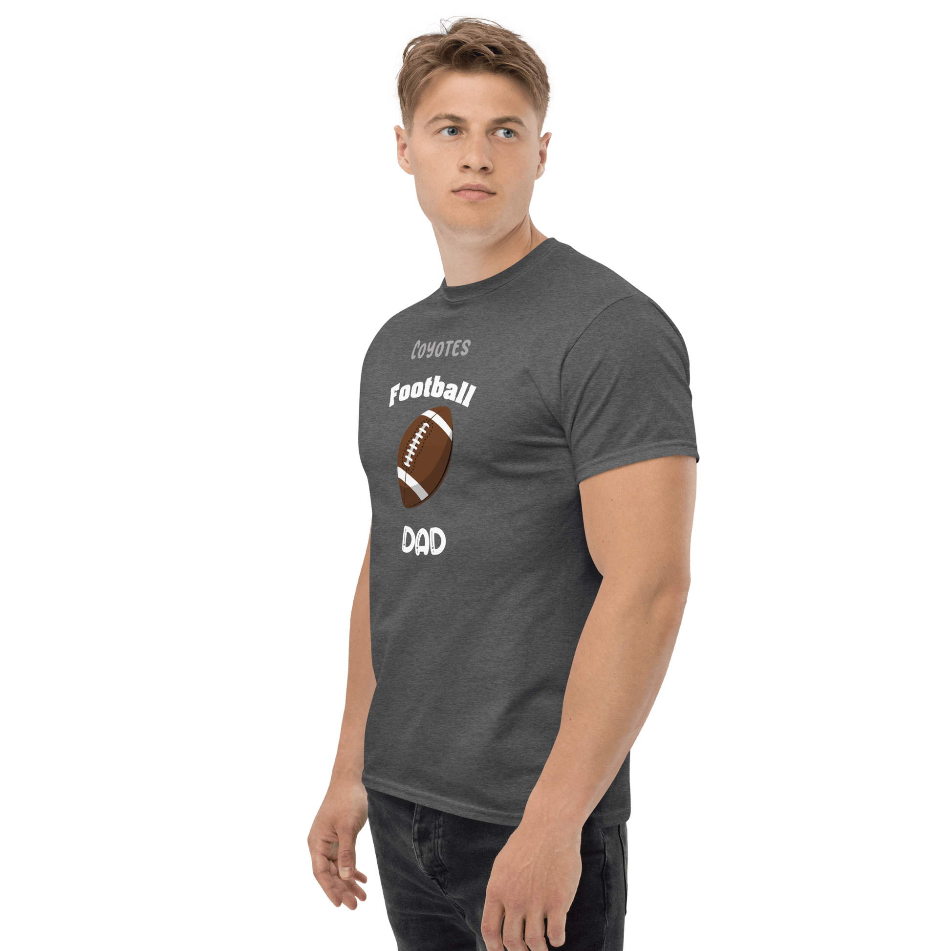Personalized football supporter tee for dads featuring football graphic in gray shirt.