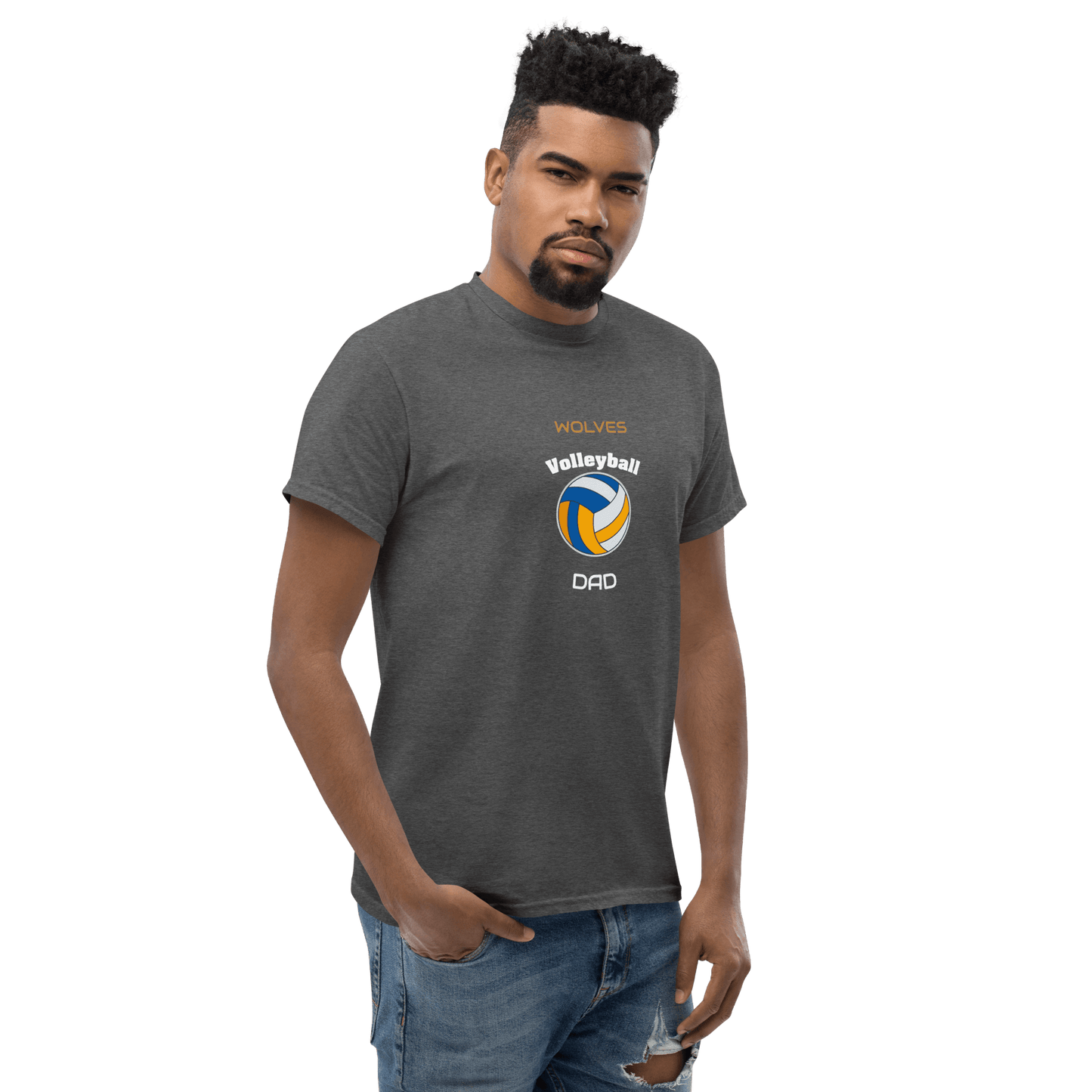 Custom Wolves Volleyball Dad Tee in gray, perfect for cheering on your team with style and comfort.