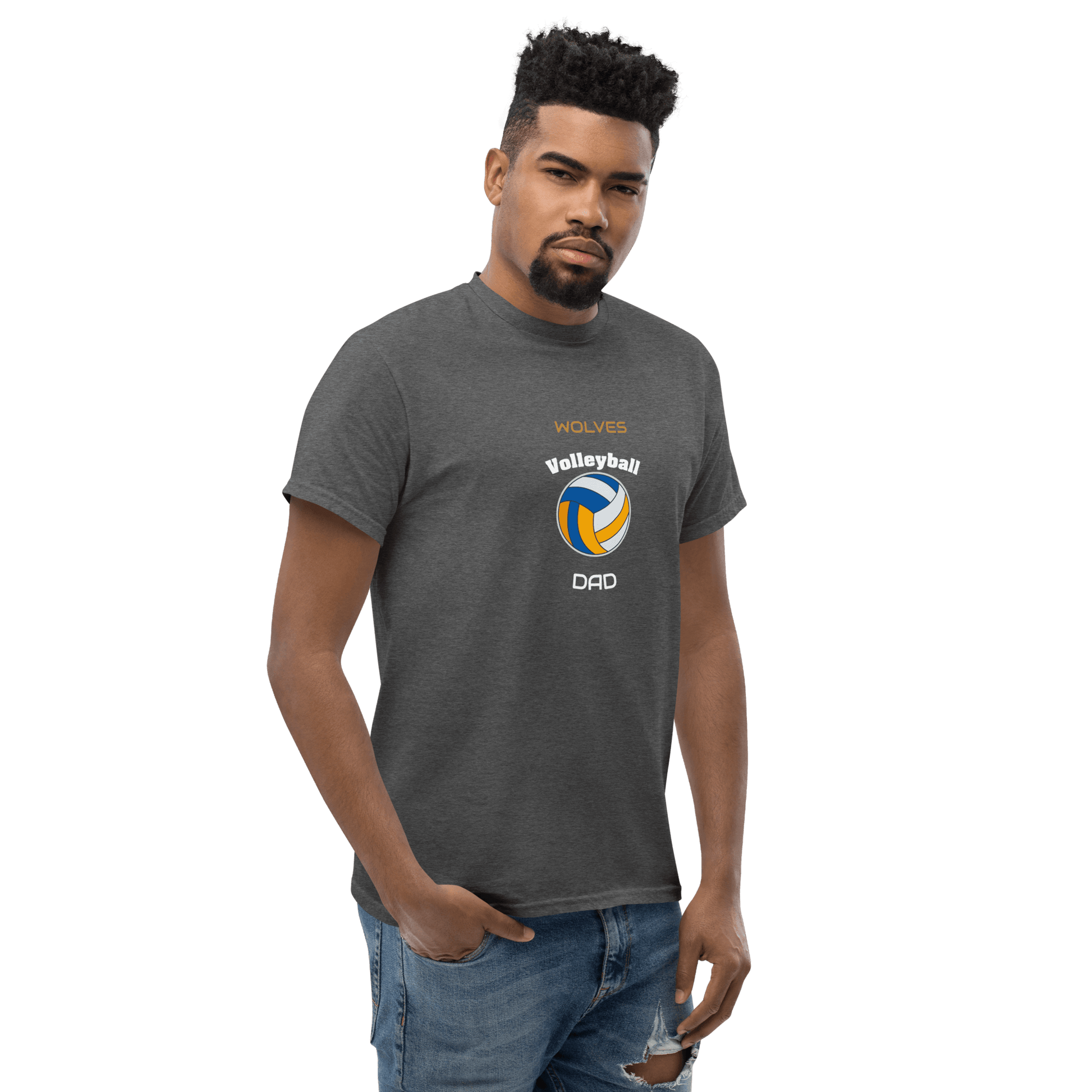 Custom Wolves Volleyball Dad Tee in gray, perfect for cheering on your team with style and comfort.