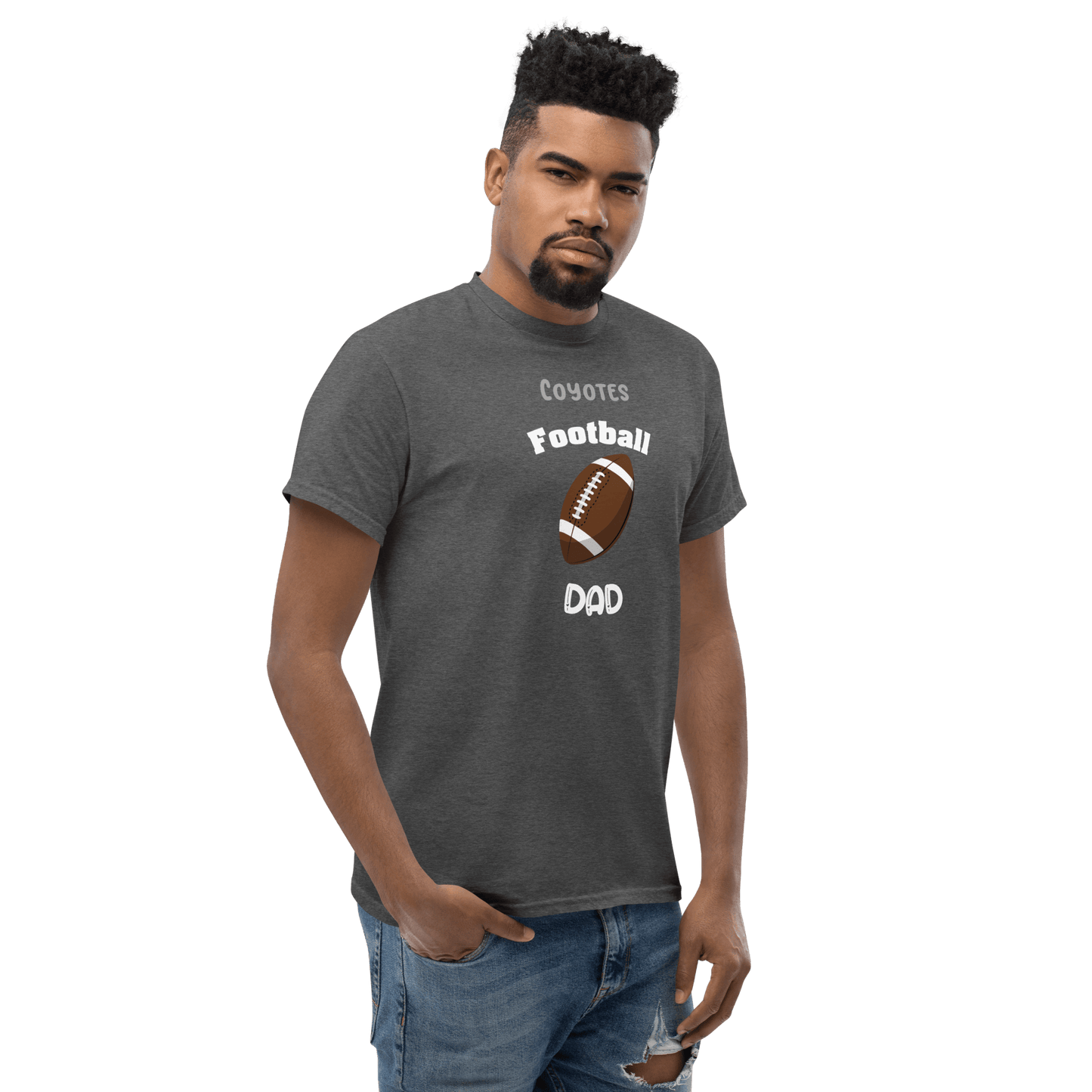 Personalized gray football dad tee with 'Coyote Football' print for proud sports fans.