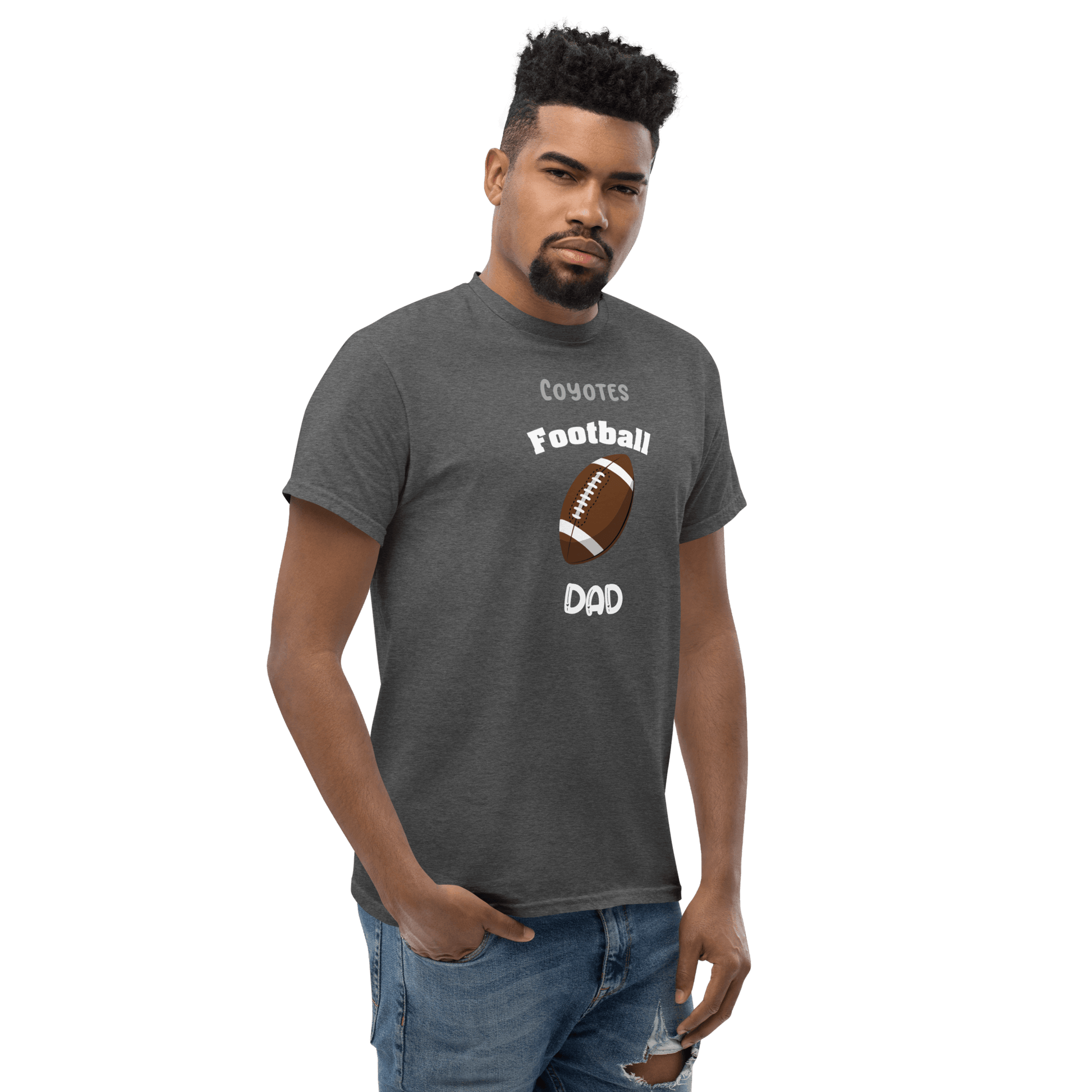 Personalized gray football dad tee with 'Coyote Football' print for proud sports fans.
