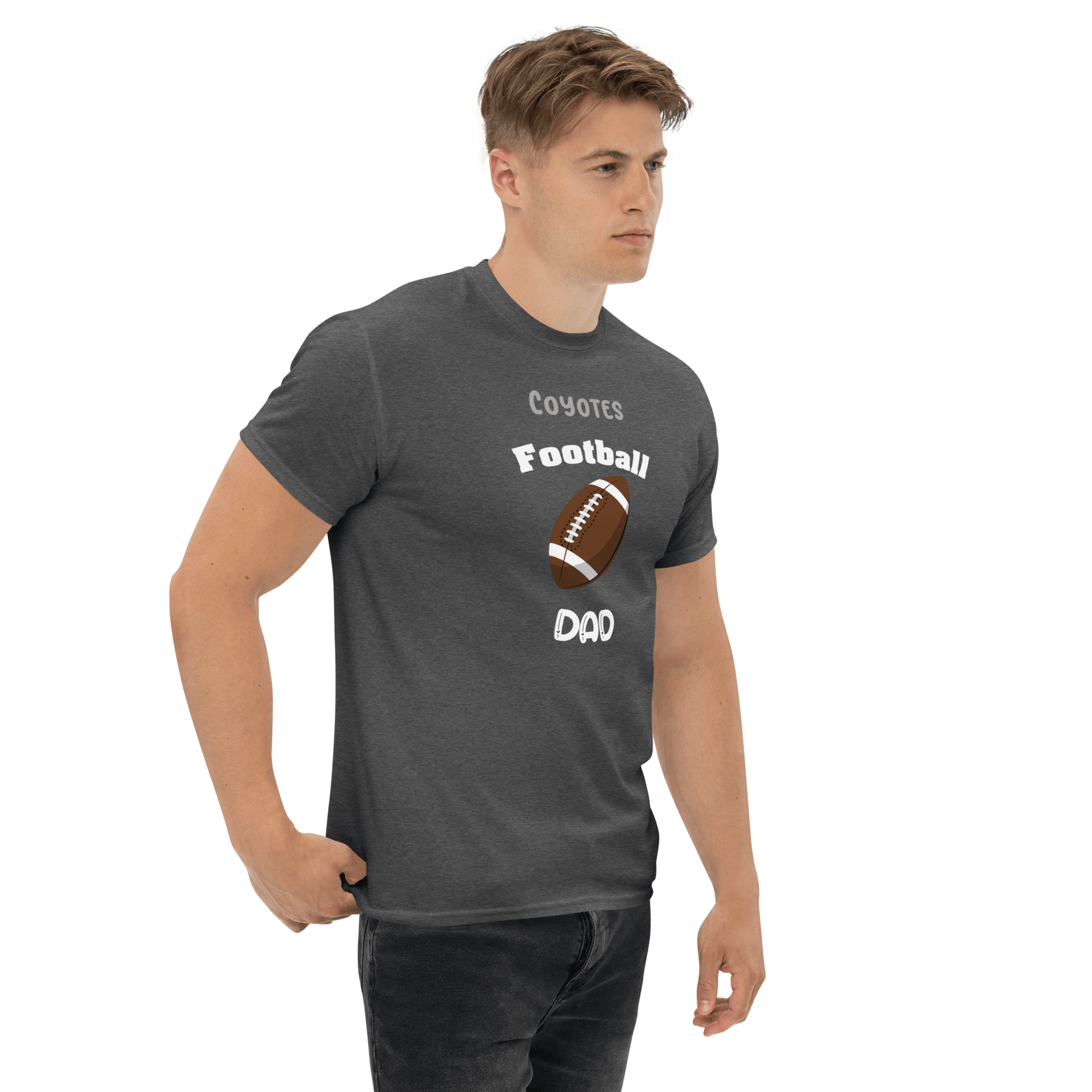 Personalized grey football tee for dads, featuring Coyotes Football design, perfect for game day support.