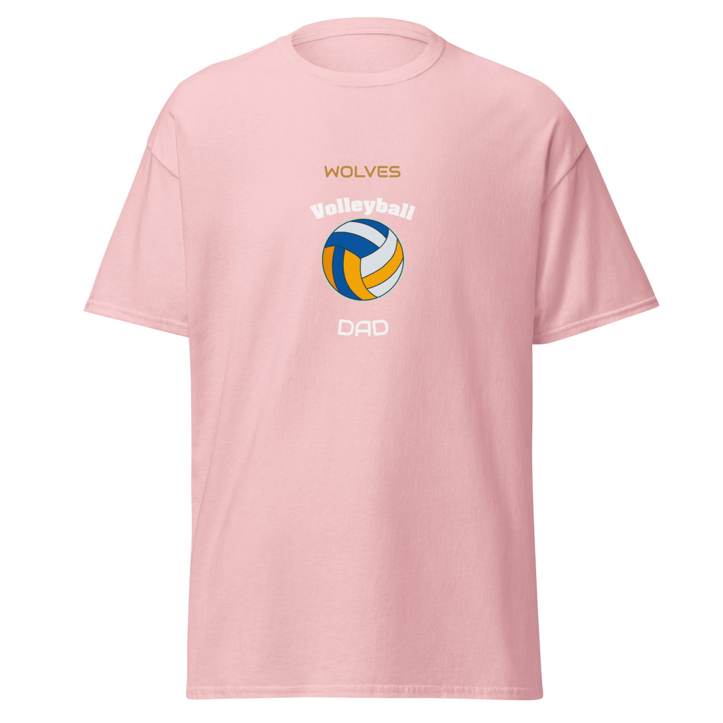 Custom pink volleyball dad tee featuring 'Wolves' and volleyball graphic for game day support.