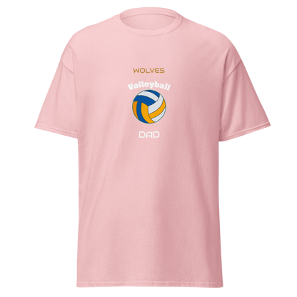 Custom pink volleyball dad tee featuring 'Wolves' and volleyball graphic for game day support.