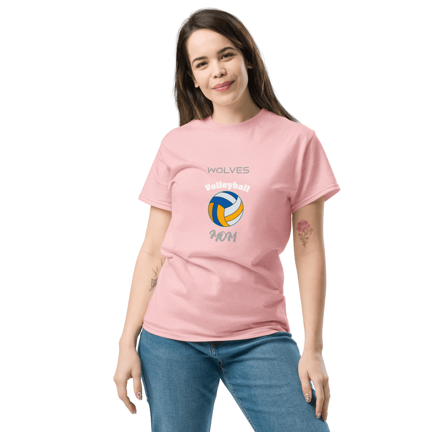 Custom pink volleyball mom tee featuring 'Wolves Volleyball' and colorful volleyball graphic.