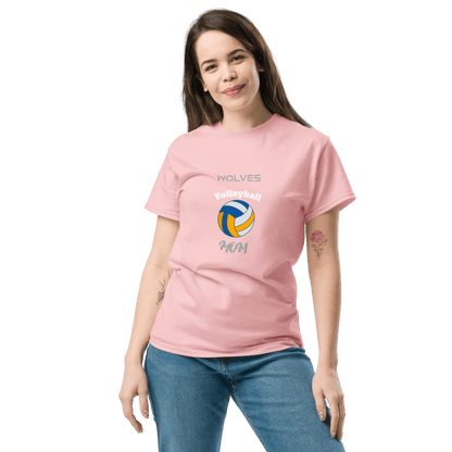 Custom pink volleyball mom tee featuring 'Wolves Volleyball' and colorful volleyball graphic.