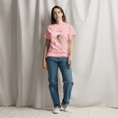 Woman wearing pink volleyball parent tee with 'Wolves' logo, showcasing game day spirit and comfort.