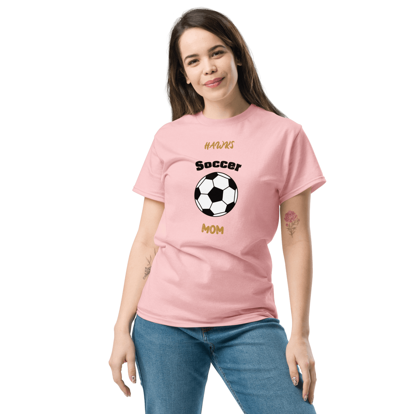 Pink soccer mom tee with soccer ball design, perfect for cheering on youth soccer teams.