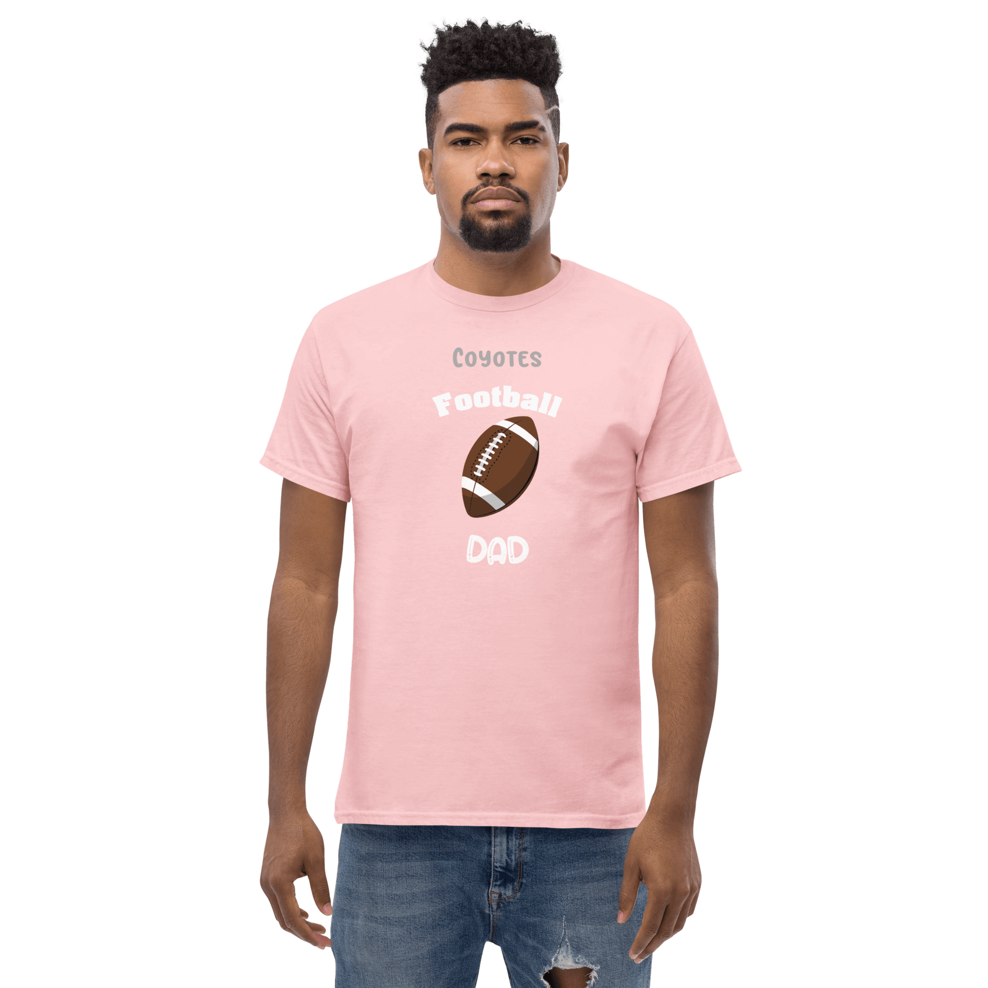Personalized pink football dad tee with a football graphic for Coyotes fans.