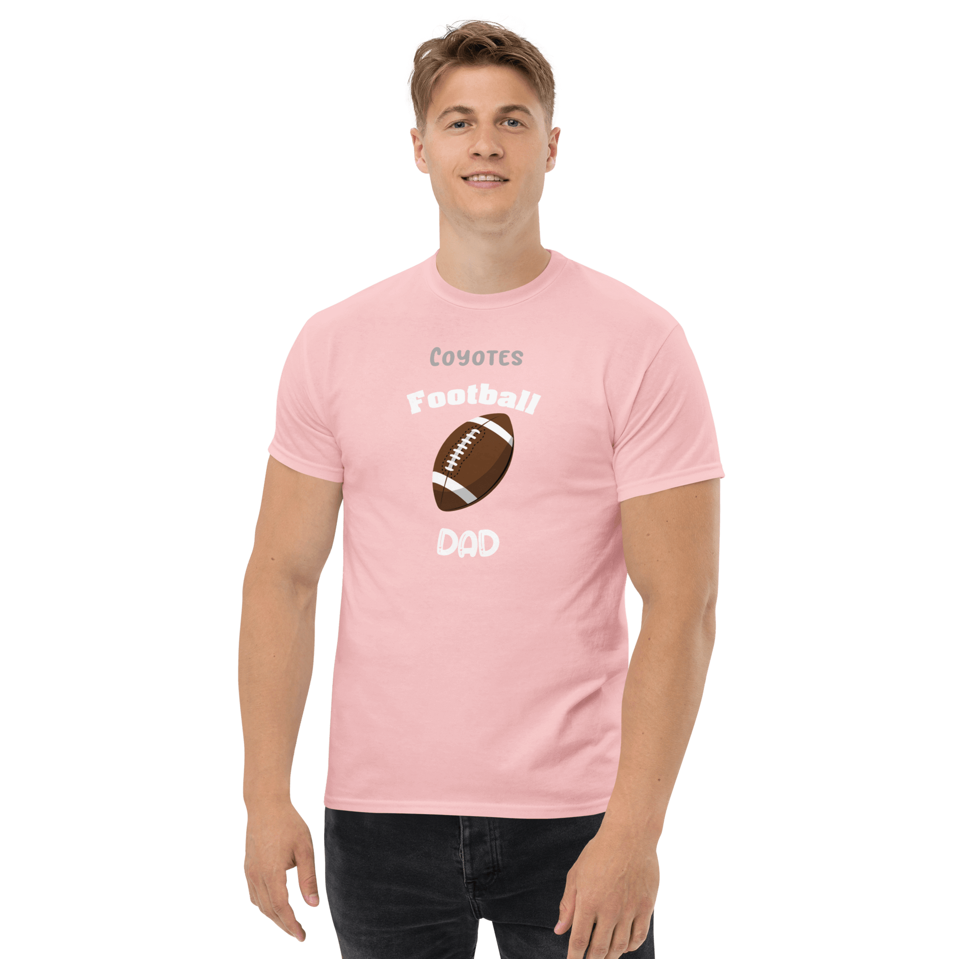 Personalized pink football dad tee with Coyote theme for proud sports supporters.