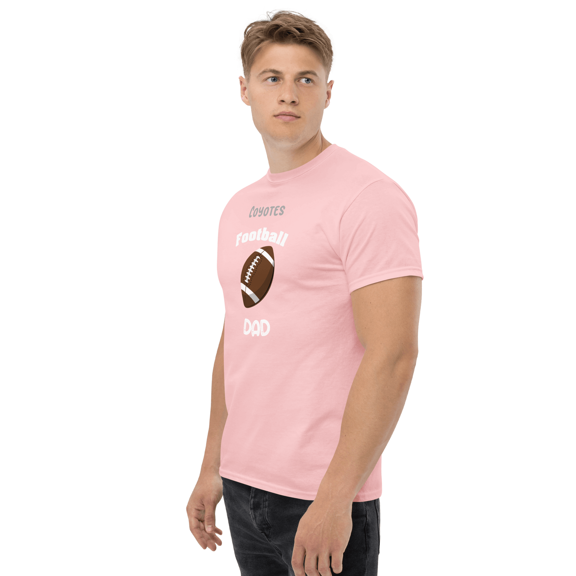 Personalized pink football dad tee featuring football graphic, perfect for proud supporters and game day apparel.