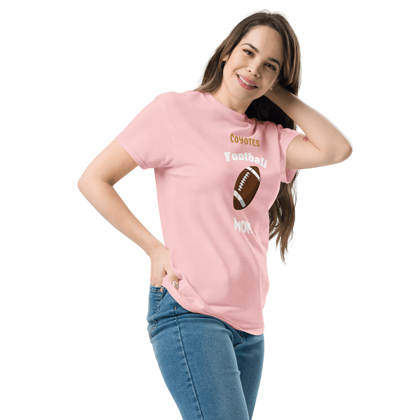 Happy mom wearing a personalized pink football tee, showcasing her support for the Coyotes team.