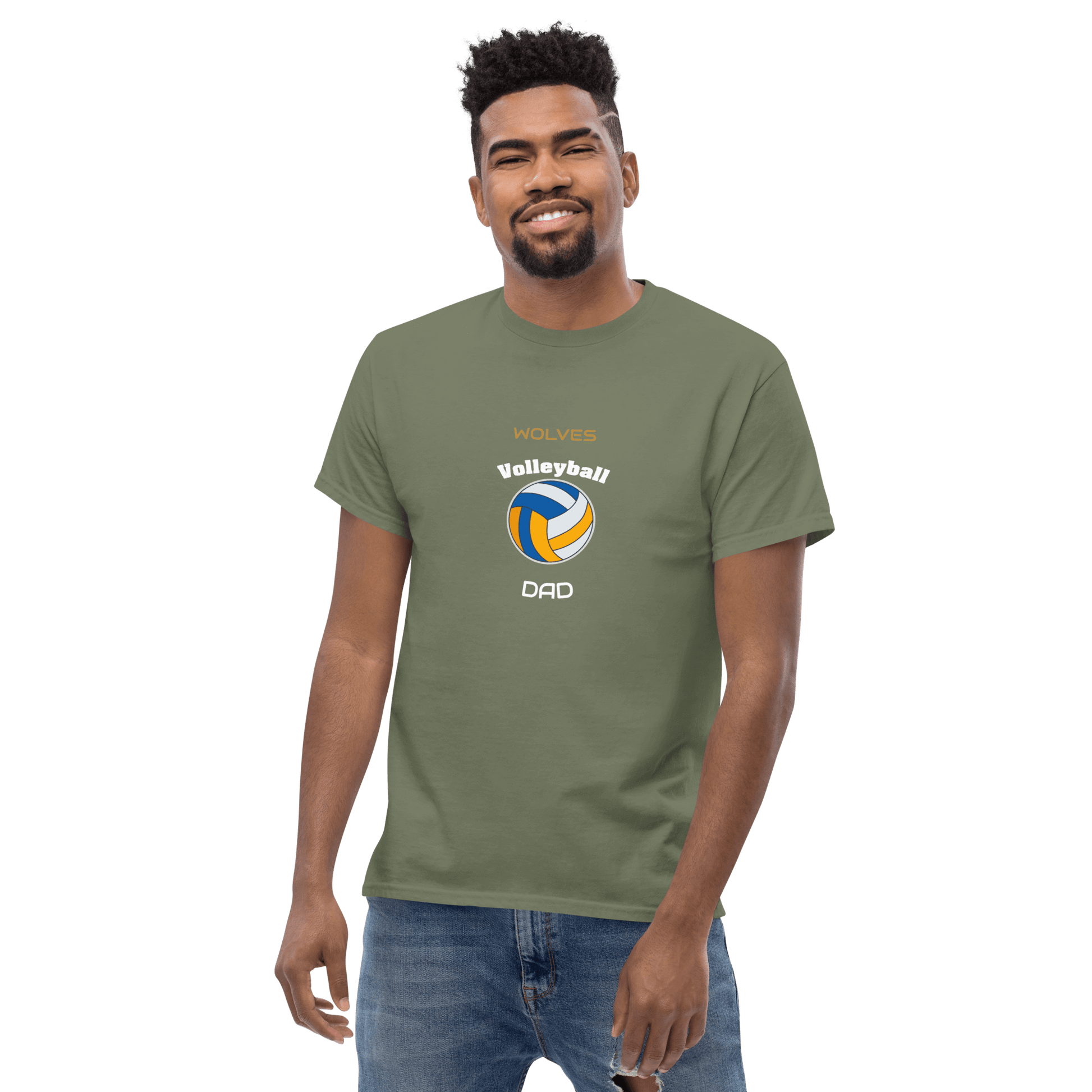 Custom volleyball dad tee in olive green featuring a volleyball graphic and 'Wolves Volleyball Dad' text.