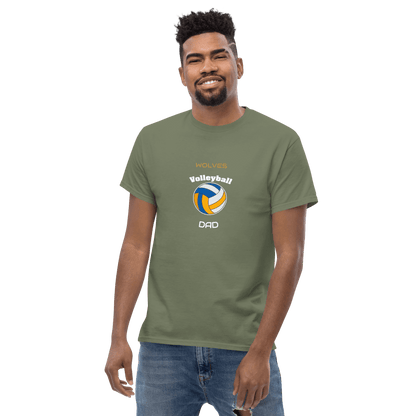 Custom volleyball dad tee in olive green featuring a volleyball graphic and 'Wolves Volleyball Dad' text.