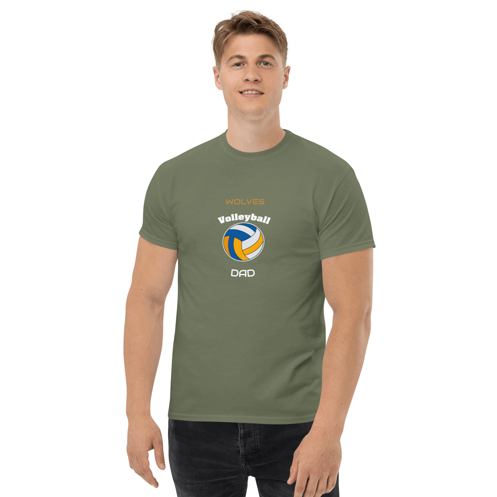 Custom volleyball dad t-shirt for game day support, featuring Wolves logo and vibrant design.