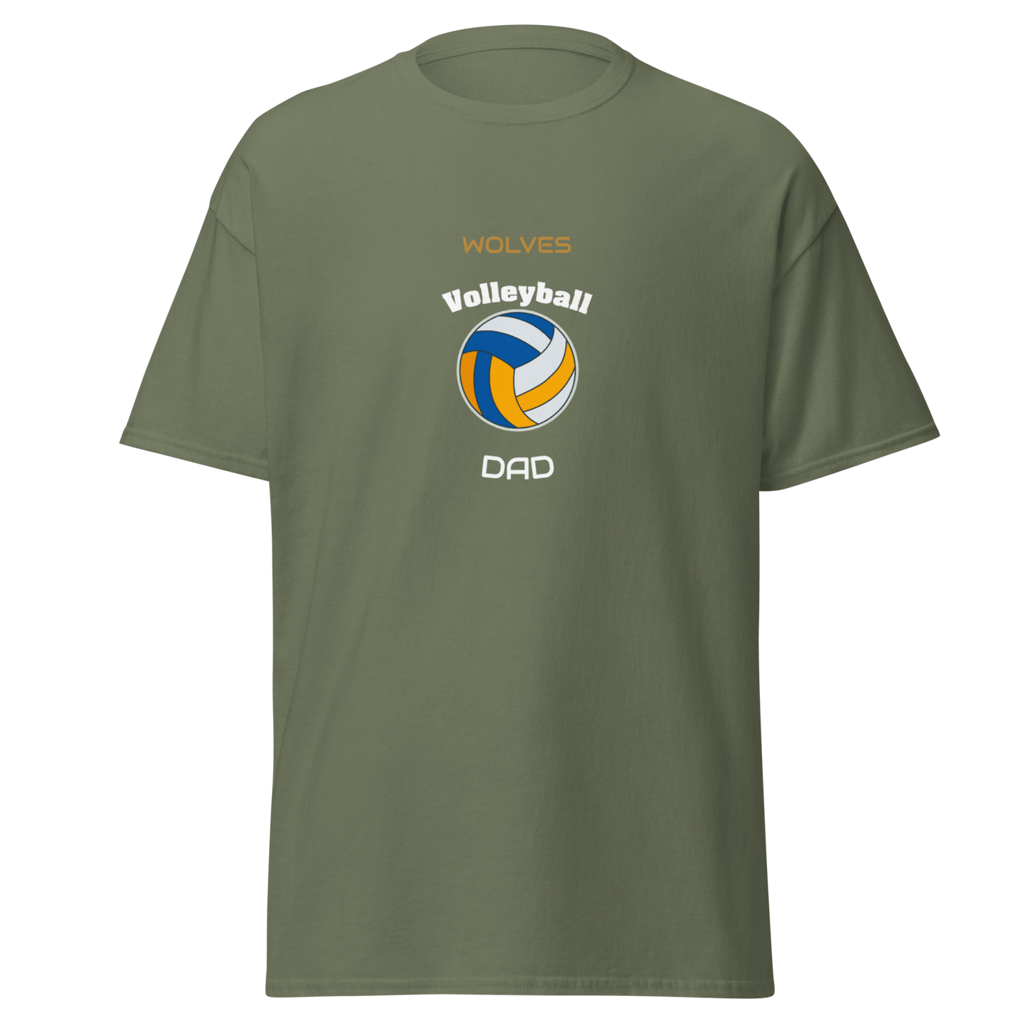 Custom volleyball dad tee in olive green, featuring a vibrant ball design and 'Wolves' text for spirited game day support.