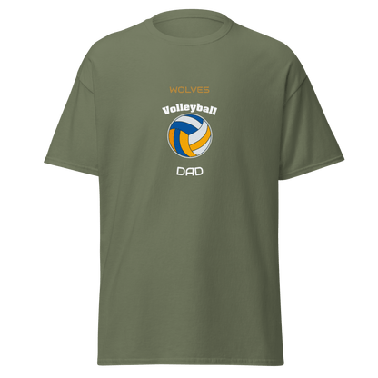 Custom volleyball dad tee in olive green, featuring a vibrant ball design and 'Wolves' text for spirited game day support.