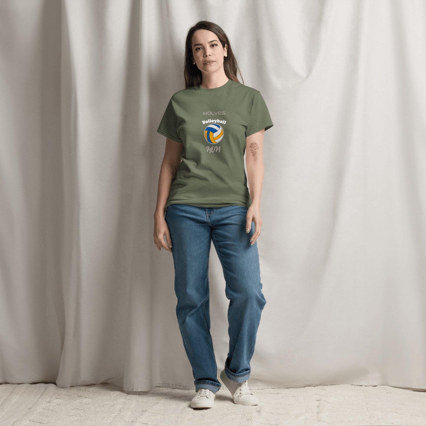 Custom volleyball parent tee featuring 'Wolves Volleyball Mom' design, perfect for game day support.