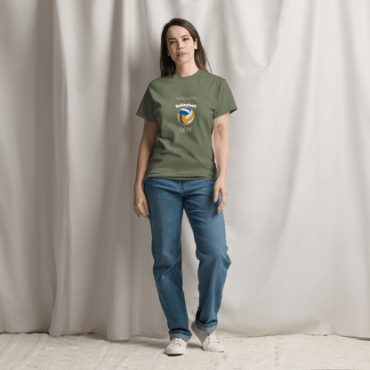 Custom volleyball parent tee featuring 'Wolves Volleyball Mom' design, perfect for game day support.