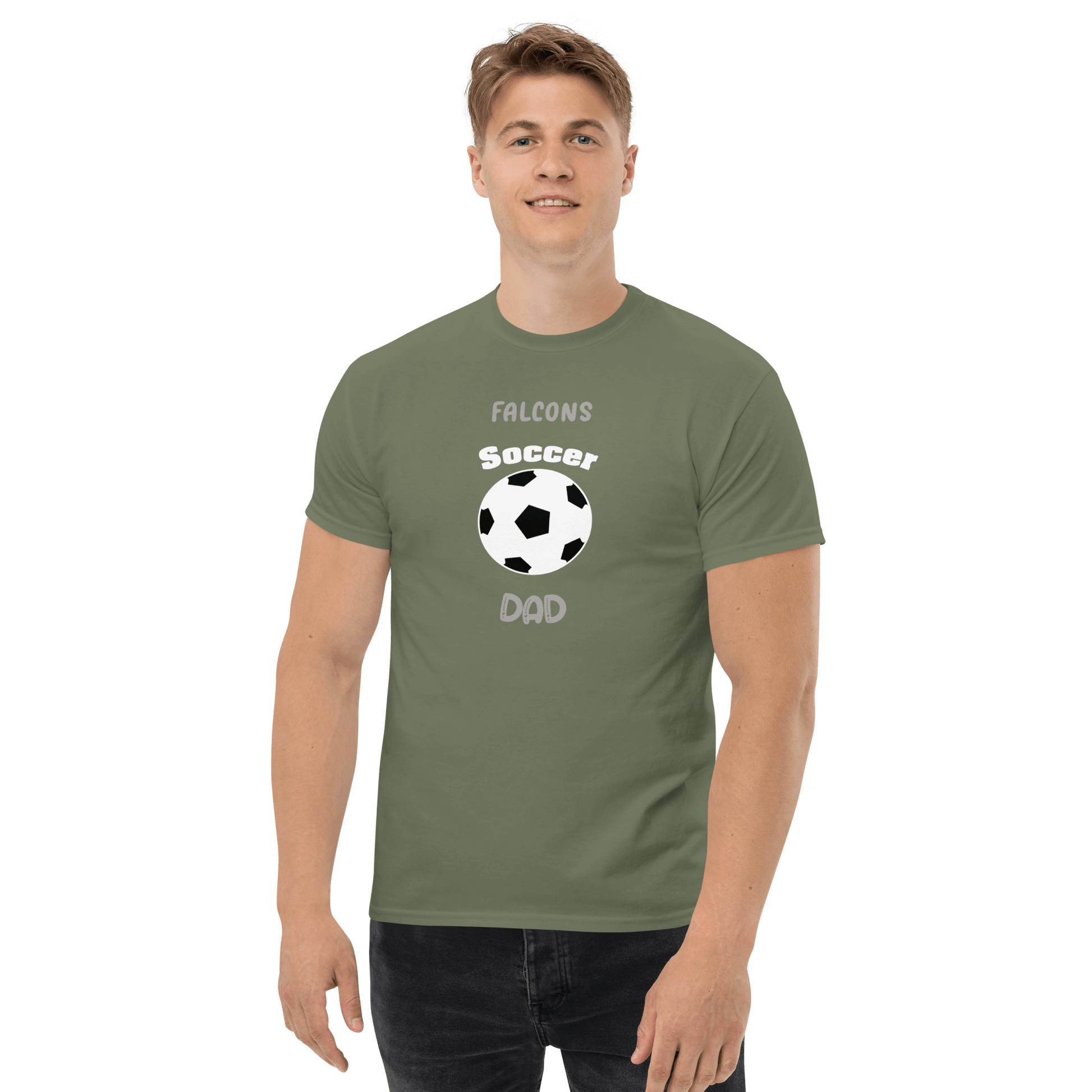 Custom soccer dad tee featuring a soccer ball design, perfect for proud parents supporting youth soccer teams.