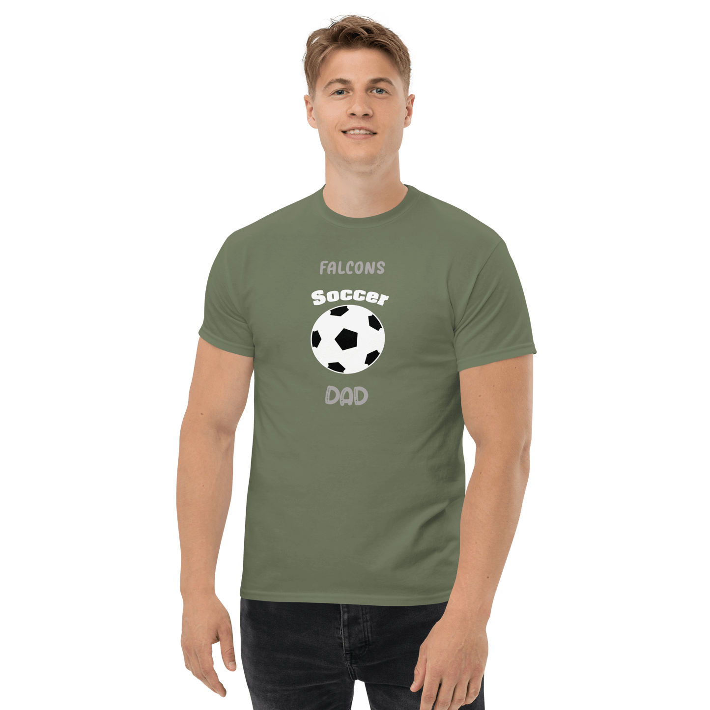 Man wearing a olive green soccer supporter tee for soccer dads, featuring a football graphic and text.
