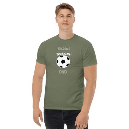 Man wearing a olive green soccer supporter tee for soccer dads, featuring a football graphic and text.
