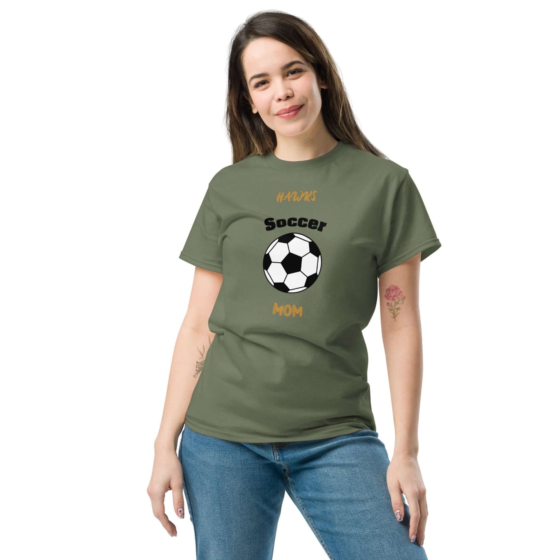Custom soccer mom tee in olive green, featuring a soccer ball graphic, perfect for game day support.