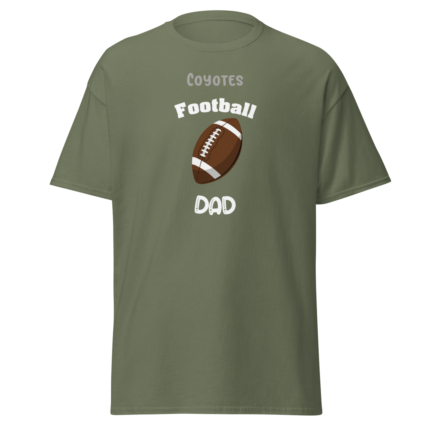 Personalized green football dad tee with Coyotes design for game day pride.
