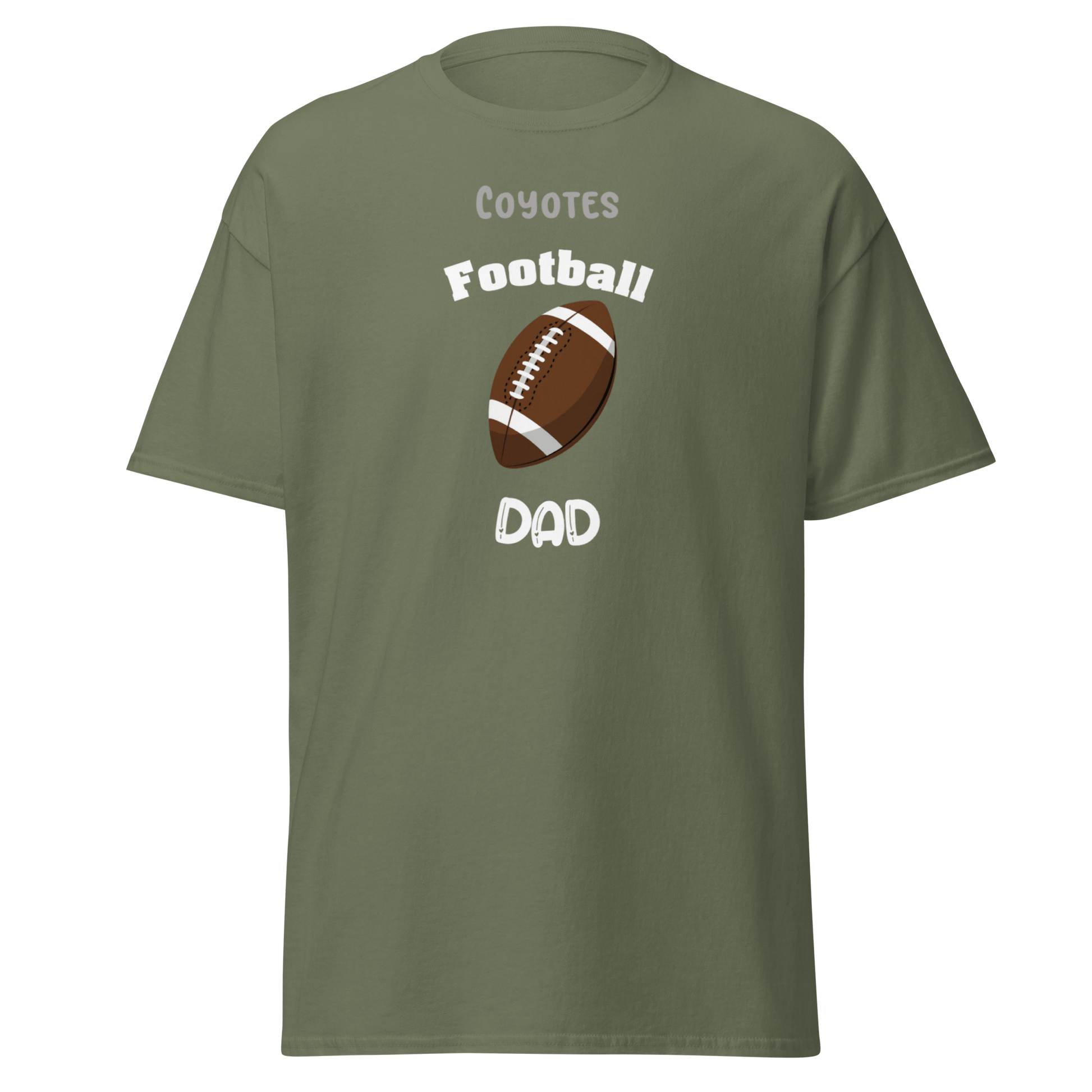 Personalized green football dad tee with Coyotes design for game day pride.